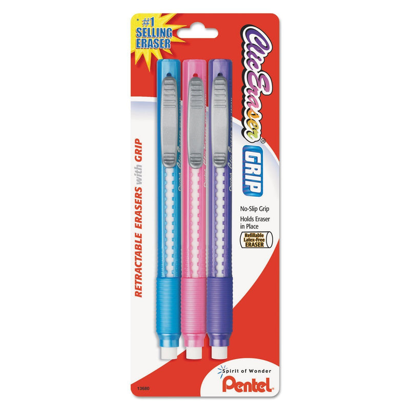 Clic Eraser Grip Retractable Eraser with Grip Fashion Barrel Colors 3-Pk Assorted Mix 3 pack ZE21TBP3M