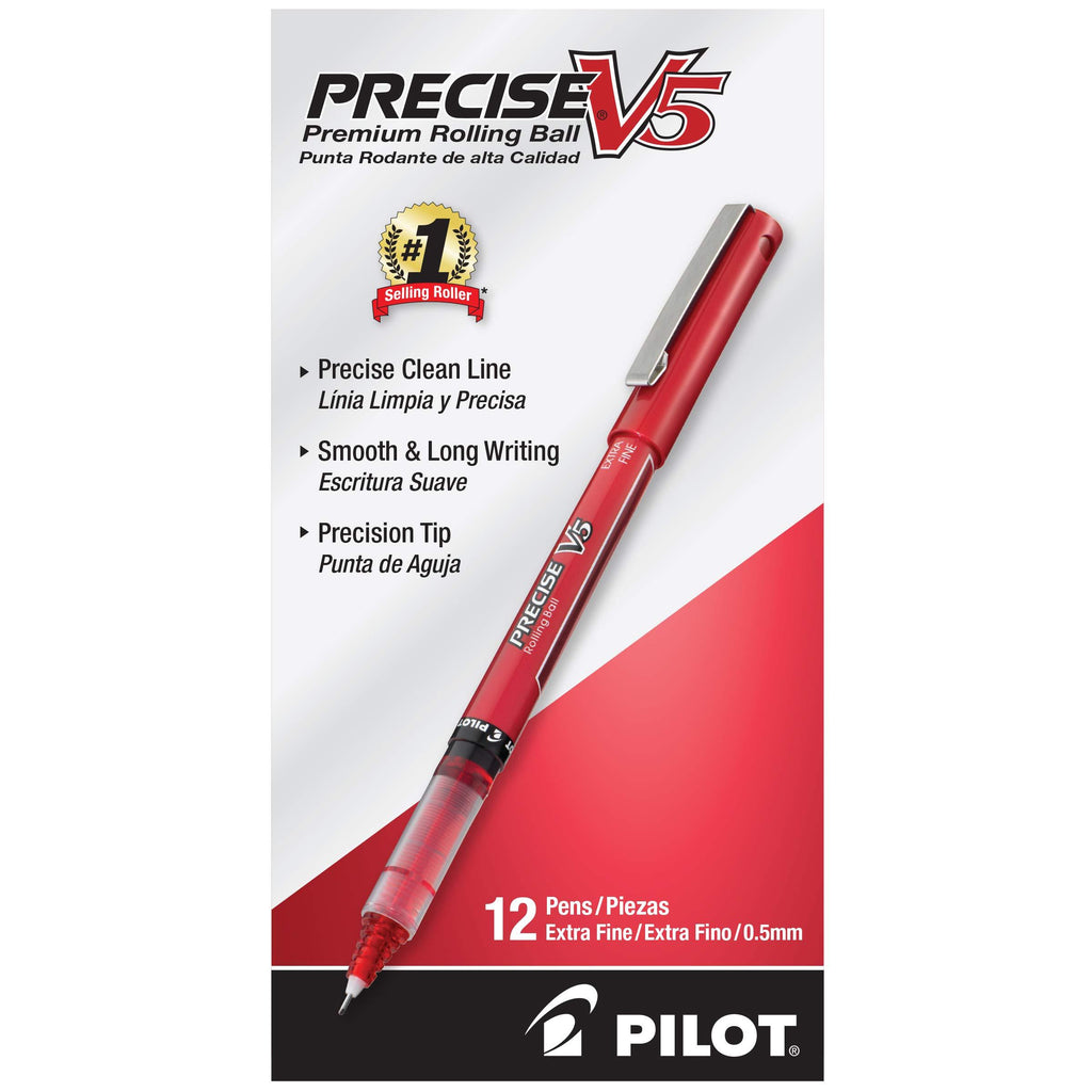 PILOT Precise V5 Stick Liquid Ink Rolling Ball Stick Pens, Extra Fine Point (0.5mm) Red Ink, 12-Pack (35336) Pack of 12