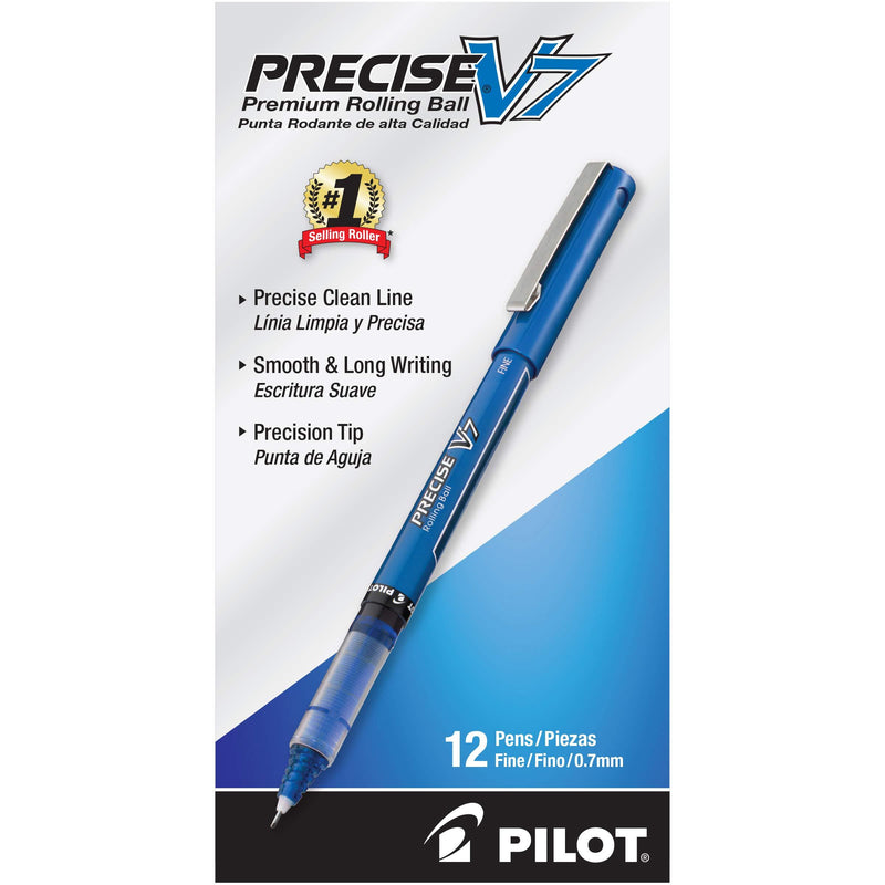 PILOT Precise V7 Stick Liquid Ink Rolling Ball Stick Pens, Fine Point (0.7mm) Blue Ink, 12-Pack (35349) Pack of 12