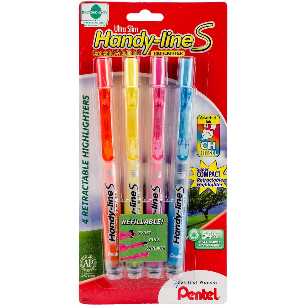 Pentel Handy-line S Retractable Highlighter, Chisel Tip, Assorted Ink Colors, 4/ Pack (SXS15BP4M)