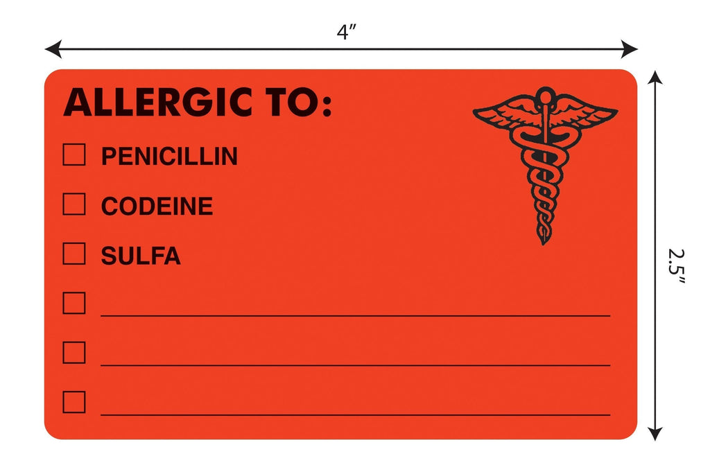 Tabbies Allergy Labels, Fluorescent Red, 4"W x 2-1/2"H,"Allergic Options" 100 Labels/Roll ALLERGIC OPTIONS