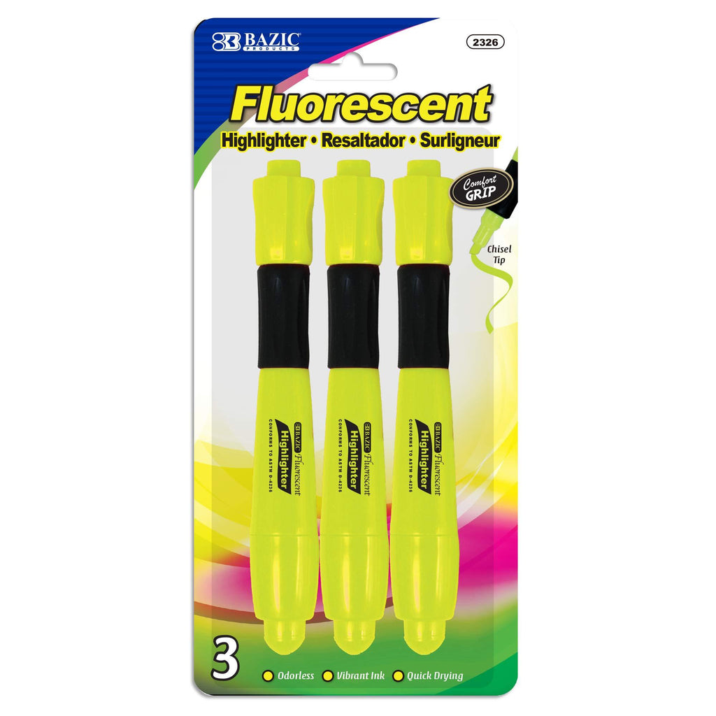 BAZIC Highlighter Yellow Color Desk Style, Soft Grip Chisel Tip Broad Fine Line Highlighters, Unscented Coloring Marker (3/Pack), 1-Pack Yellow (3-count)