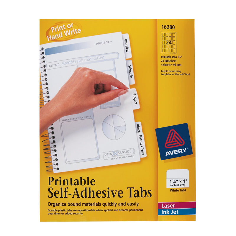 Avery Printable Repositionable Plastic Tabs, 1.25 Inches, White, 96 per Pack (16280) 1 Set