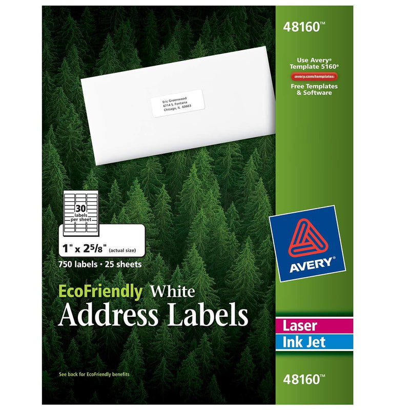 Avery White EcoFriendly Address Labels, 1 x 2.625 Inches, Box of 750 (48160)