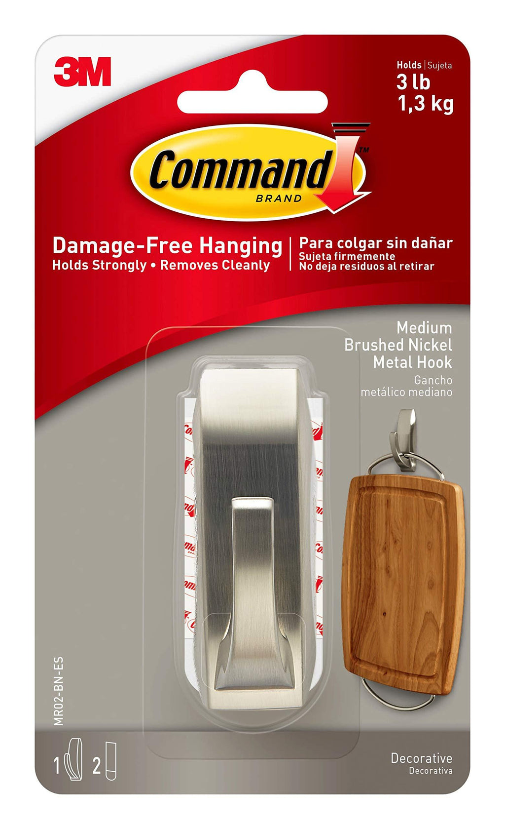 Command Medium Modern Reflections Metal Hook, Brushed Nickel, 1-Hook, 2-Strips, Decorate Damage-Free