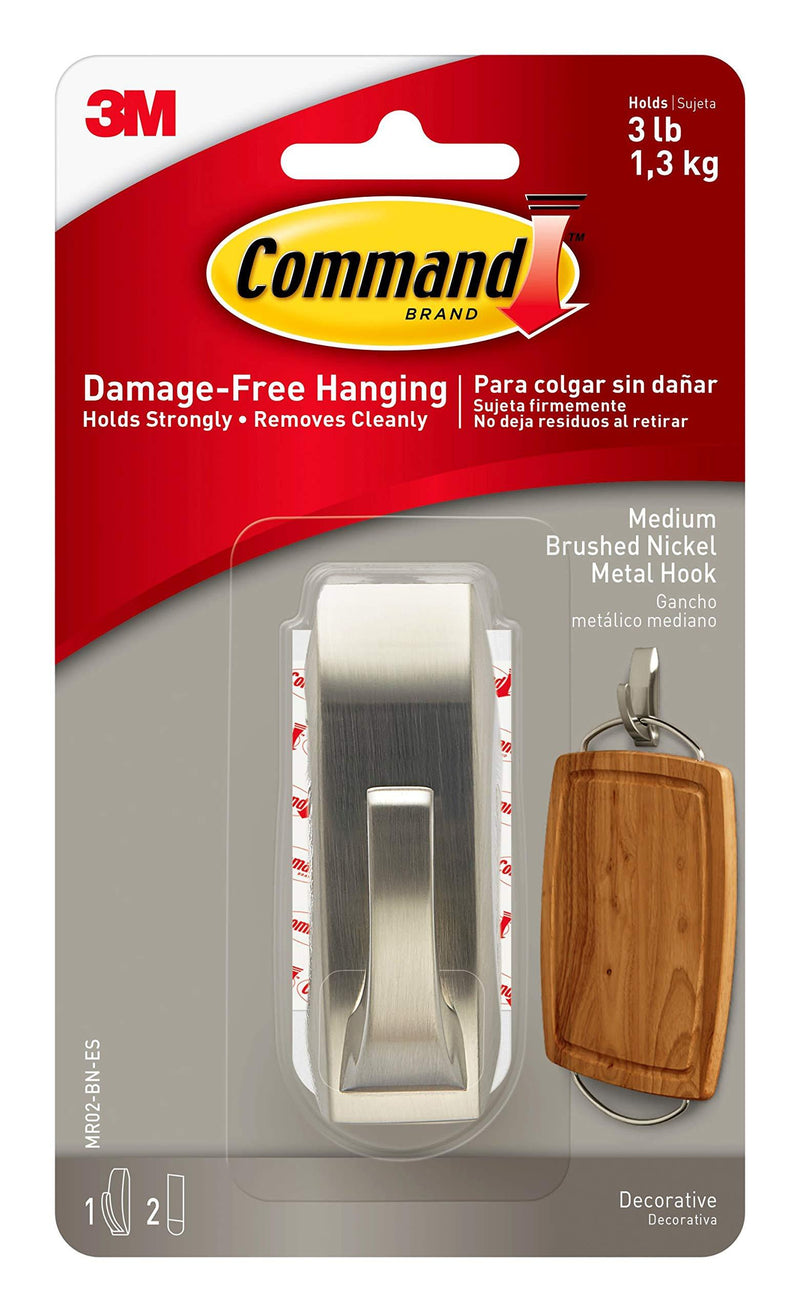 Command Medium Modern Reflections Metal Hook, Brushed Nickel, 1-Hook, 2-Strips, Decorate Damage-Free