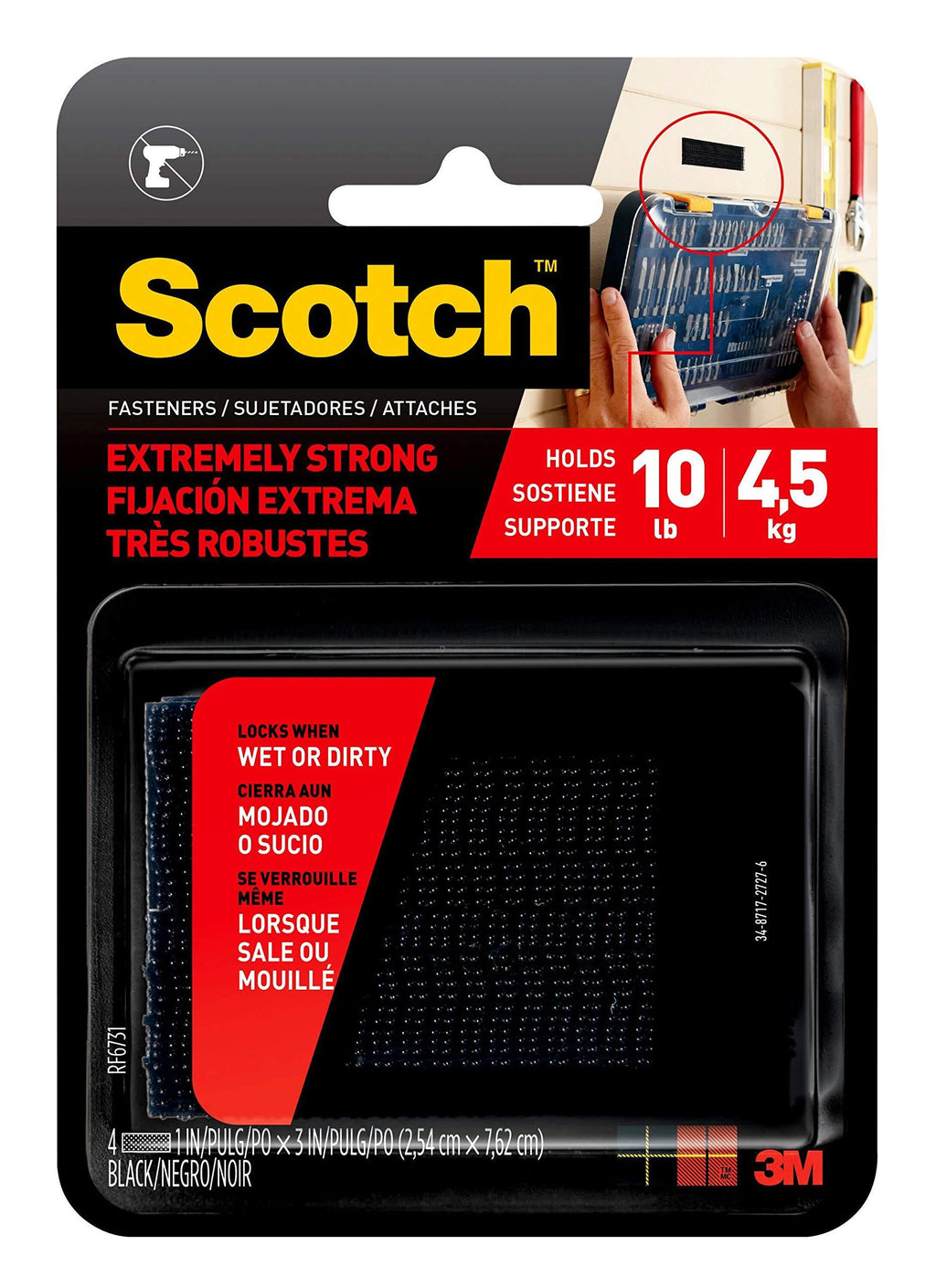 Scotch Extreme Interlocking Fasteners, 1 in x 3 in, 2 Sets, Black, Holds up to 10 lbs (1 set holds 2 lbs)