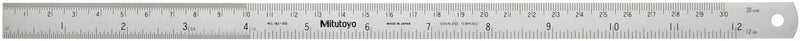 Mitutoyo 182-305, 12"/300mm Semi-Flexible Rule, (1/16", 1/32", 1/64", 1mm, 1/2mm), 5/8" Wide, Satin Chrome Finish Tempered Stainless Steel