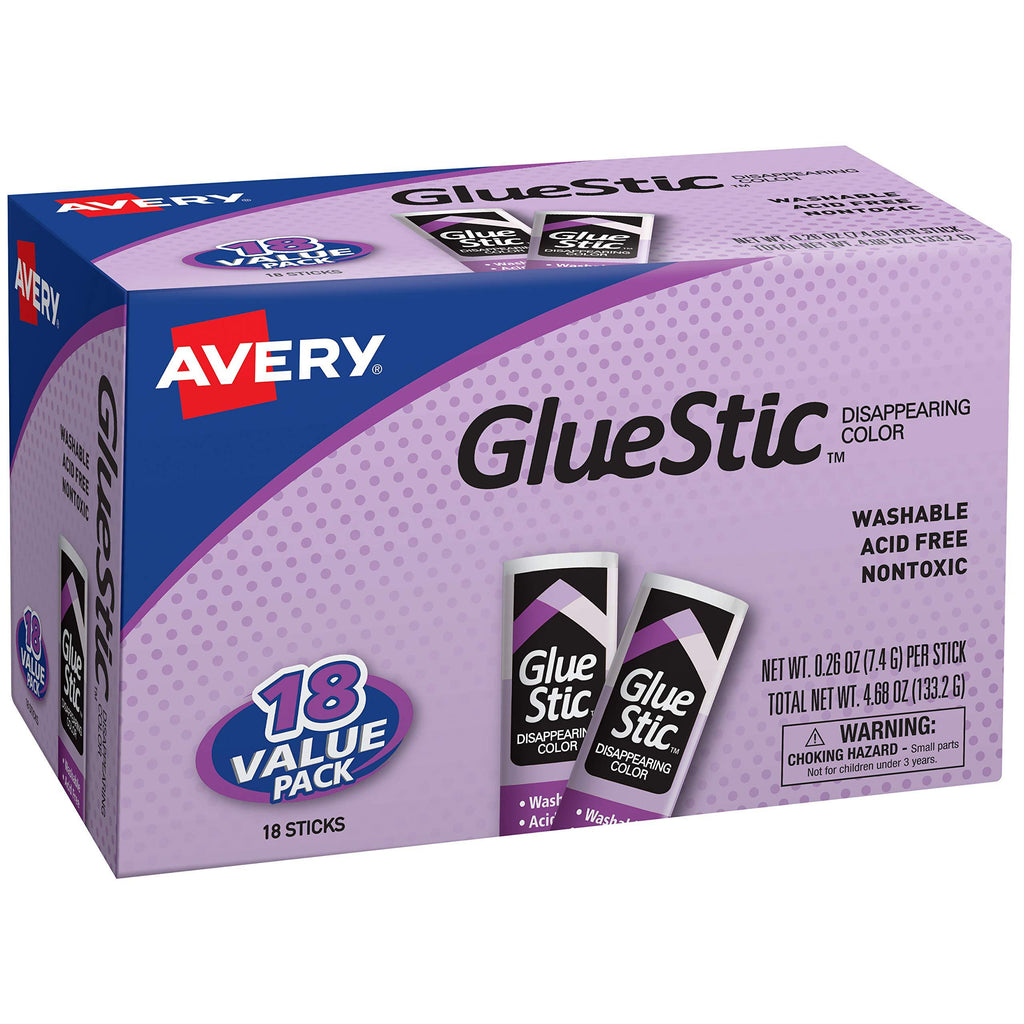 Avery Glue Stic Disappearing Purple Color, 0.26 oz., Washable, Nontoxic, Permanent Adhesive, 18 Glue Sticks (98079) 18 Pack