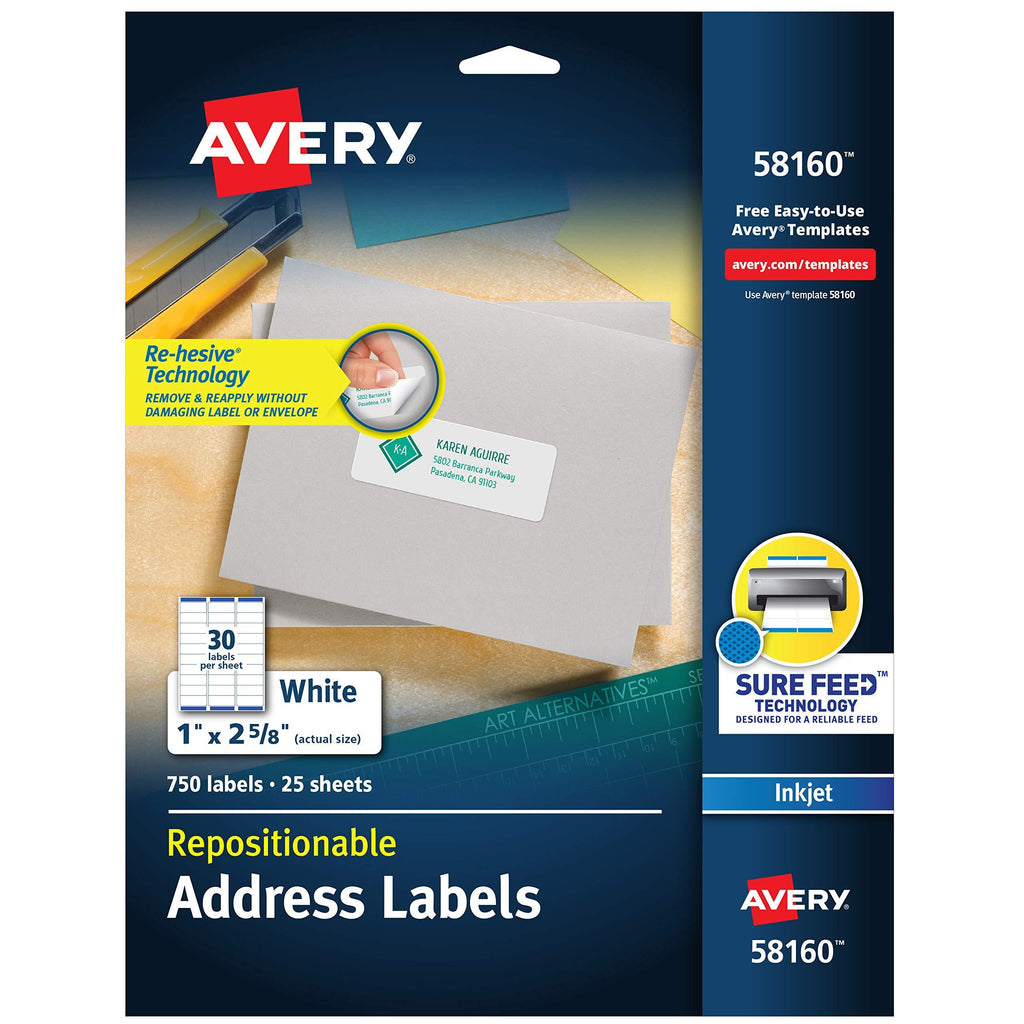 Avery Repositionable Address Labels for Inkjet Printers 1 x 2-5/8, Pack of 750 (58160),White White