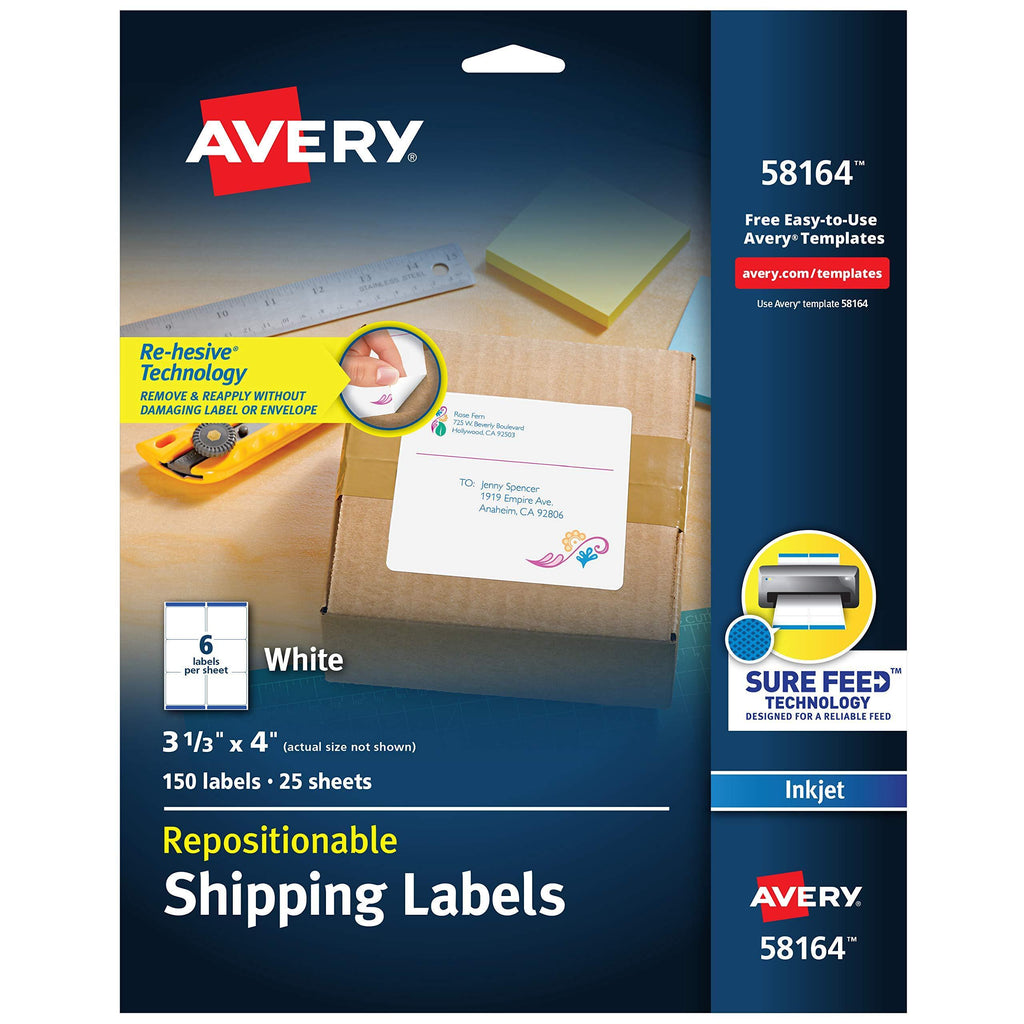 AVERY Repositionable Shipping Labels for Inkjet Printers 3-1/3 x 4, Box of 150 (58164), White