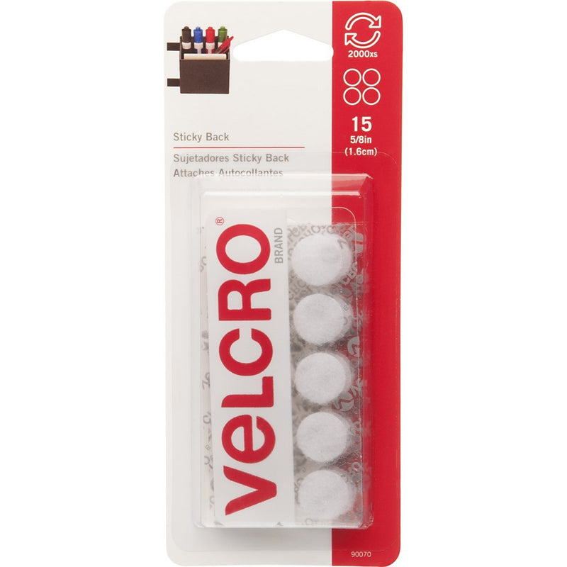 VELCRO 90070 Brand Sticky Back Fasteners, 5/8" Diameter, White (Pack of 6)