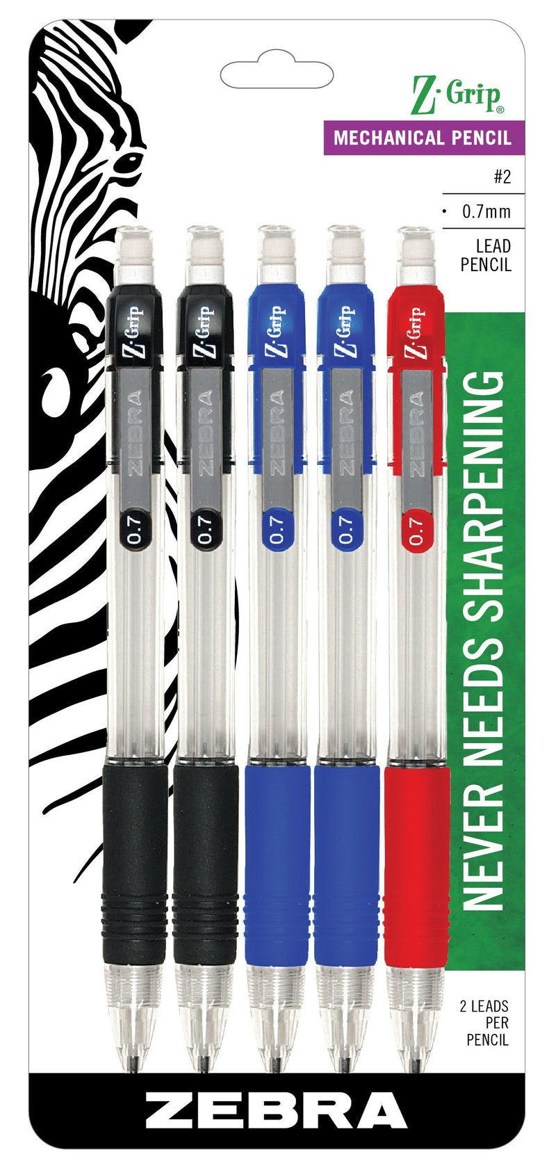 Zebra Z-Grip Mechanical Pencil, 0.7mm Point Size, HB #2 Graphite, Assorted Grip Colors, 5-Count