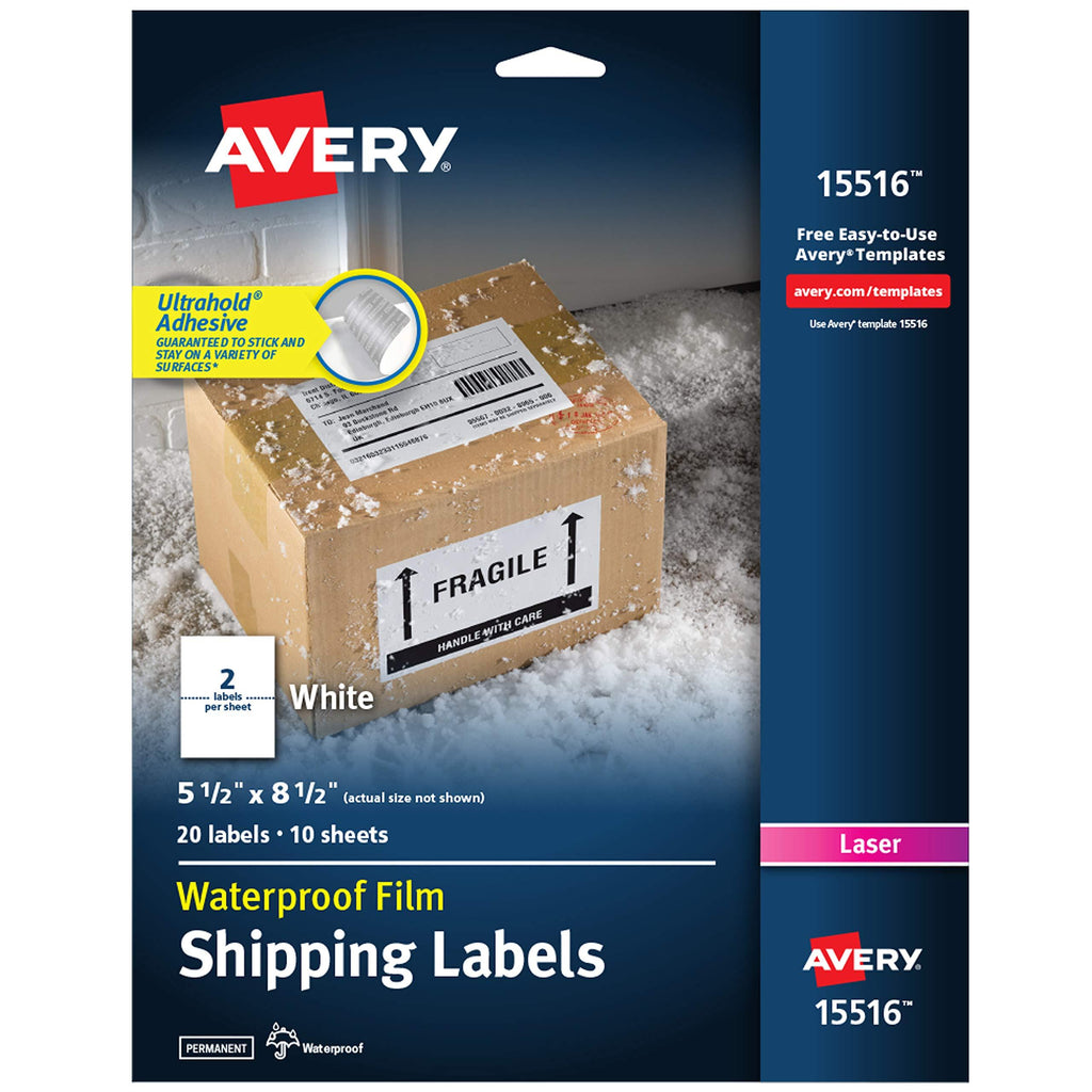 Avery Waterproof Labels with Ultrahold Permanent Adhesive, 5.5" x 8.5", 20 Labels for Laser Printers (15516) , White