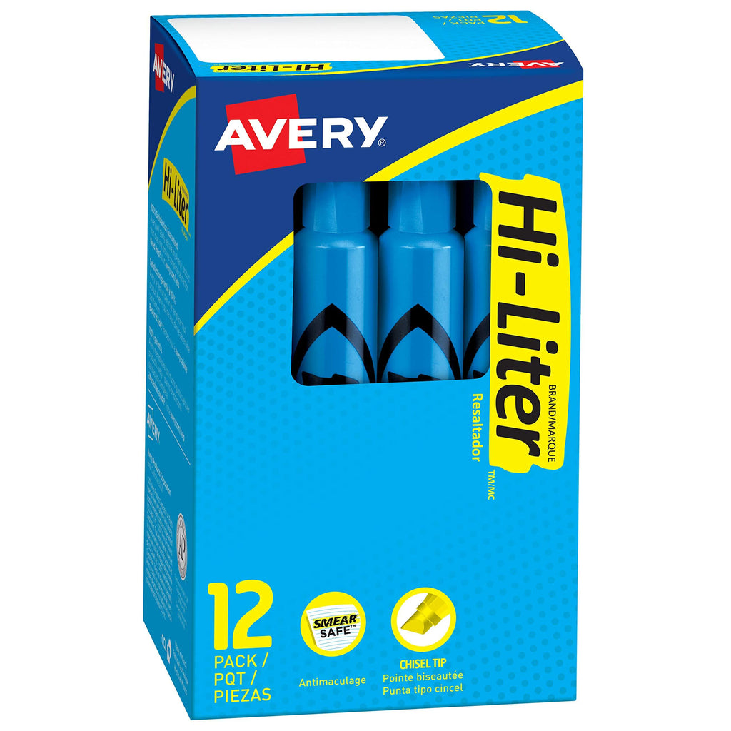 Avery Hi-Liter Desk-Style Highlighters, Smear Safe Ink, Chisel Tip, 12 Fluorescent Blue Highlighters (24016)