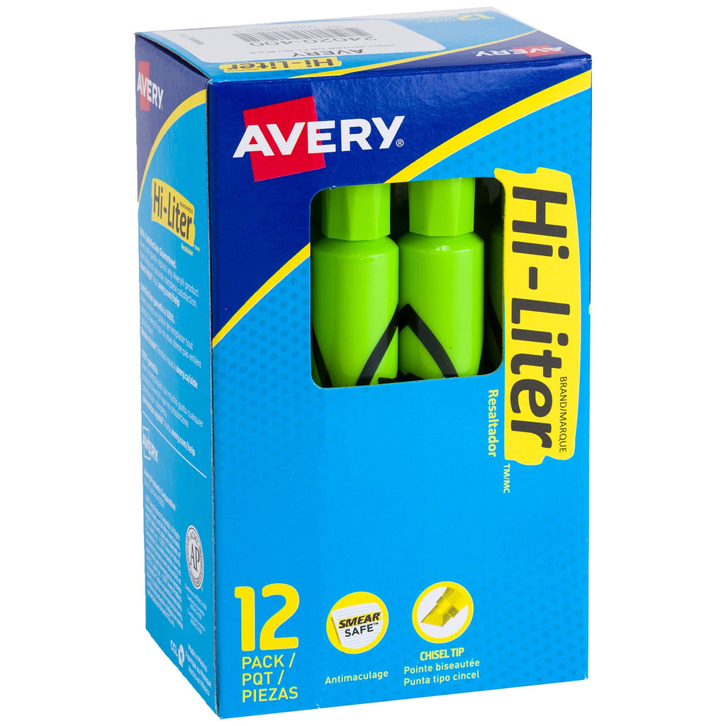 Avery Hi-Liter Desk-Style Highlighters, Smear Safe Ink, Chisel Tip, 12 Fluorescent Green Highlighters (24020)