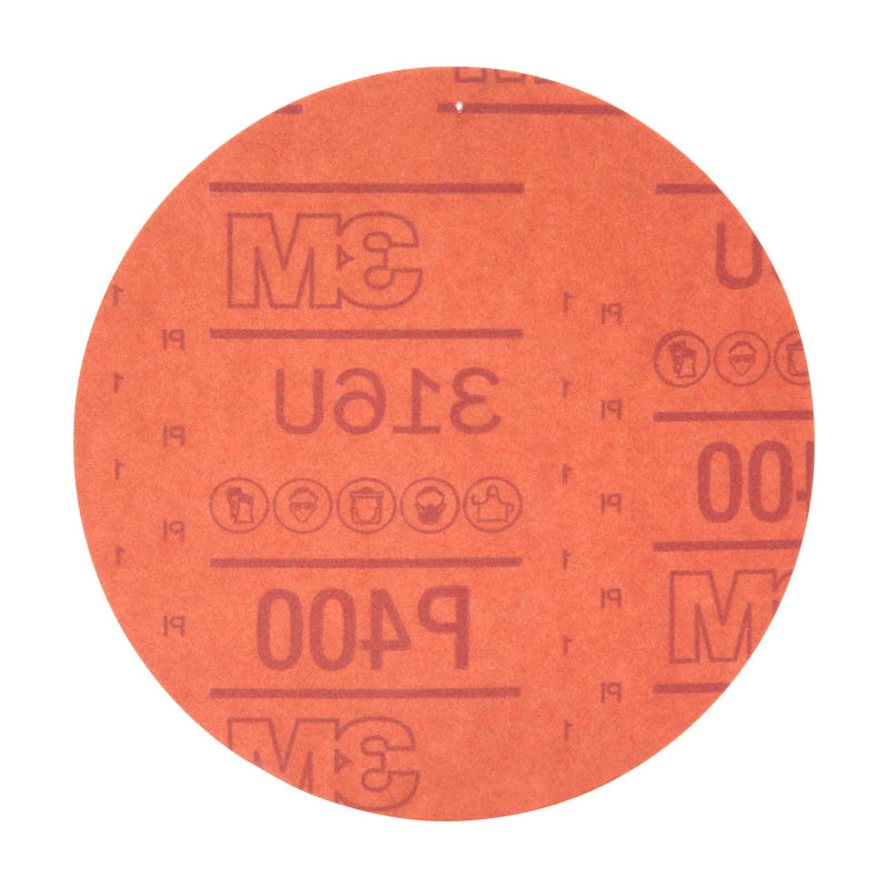 3M Hookit Red Abrasive Disc, 01218, 6 in, P400, 50 discs per carton Grade :P400 Number of Holes :No Holes Diameter: 6