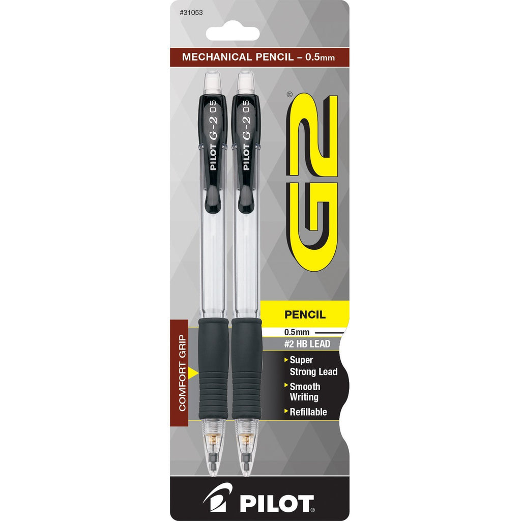 PILOT G2 Mechanical Pencils, 0.5mm HB Lead, Clear Barrel, 2-Pack (31053),Black/Clear