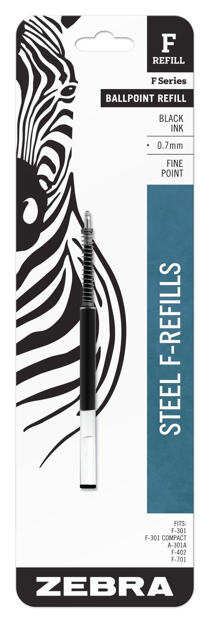 Zebra F-Series Ballpoint Stainless Steel Pen Refill, Fine Point, 0.7mm, Black Ink, 1-Count