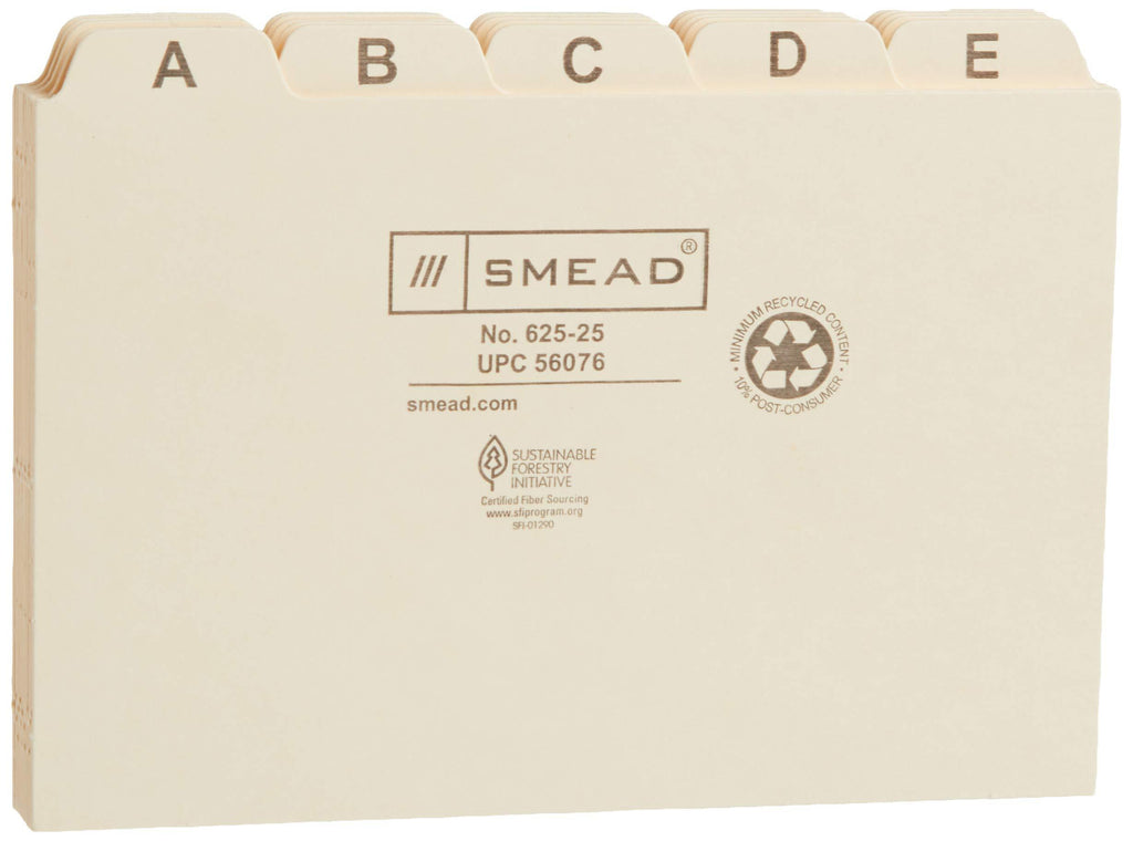 Smead Card Guide, Plain 1/5-Cut Tab (A-Z), 6"W x 4"H, Manila, 25 per Set (56076)