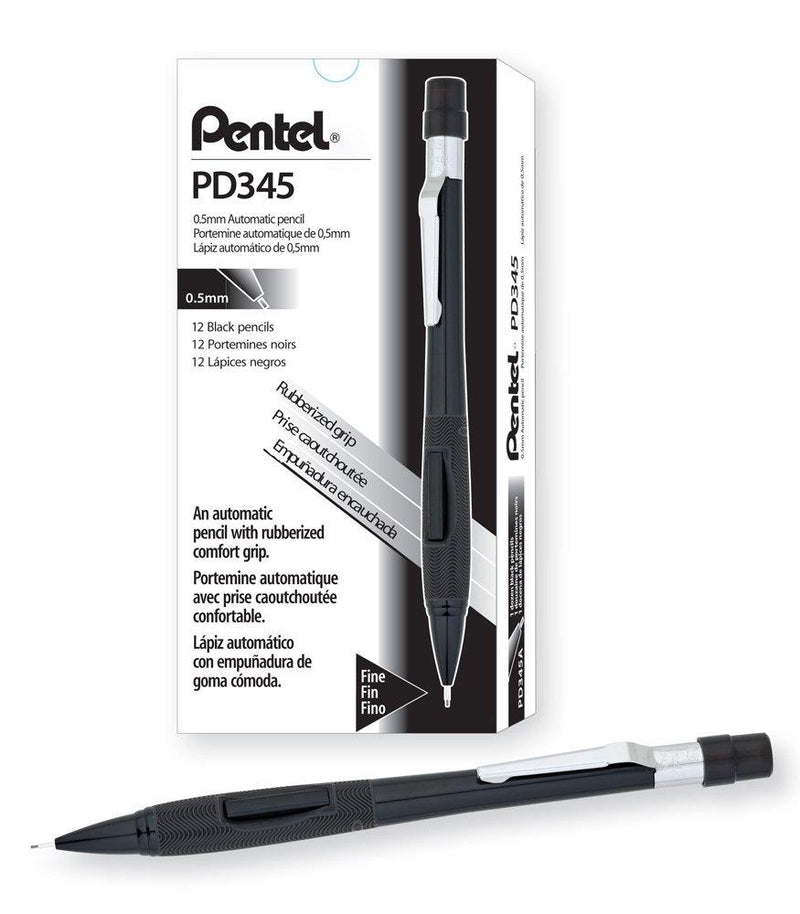 Pentel Quicker Clicker Automatic Pencil, 0.5mm Lead Size, Black Barrel, Box of 12 (PD345A)