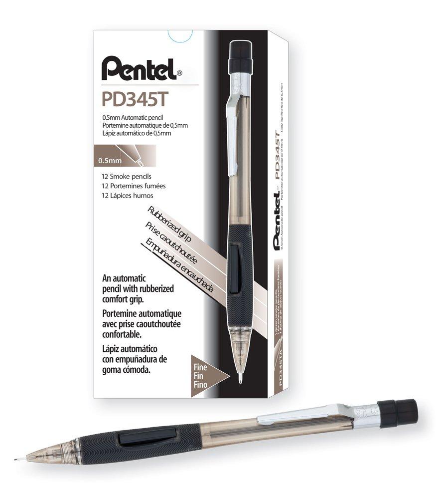 Pentel Quicker Clicker Automatic Pencil, 0.5mm Lead Size, Transparent Black Barrel, Box of 12 (PD345T-A) .5 mm