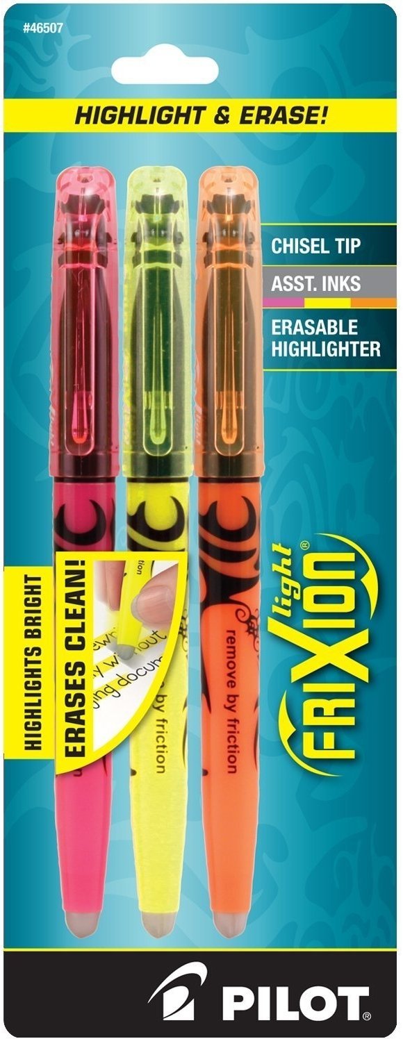 PILOT FriXion Light Erasable Highlighters, Chisel Tip, Assorted Color Inks, 3-Pack (46507) Assorted Colors Pack of 3