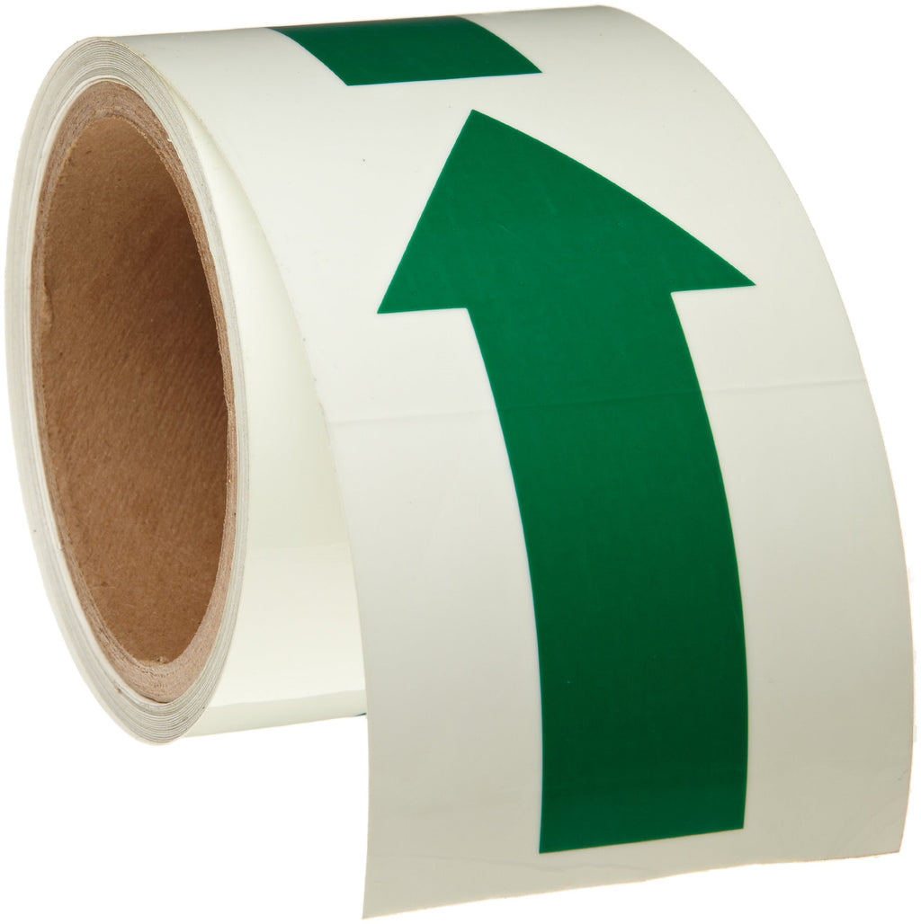 Brady 90974 3" Width, 15' Length, Green And Phosphorescent Color Glow-In-The-Dark Arrow Tape Legend (Green Standard Style Arrow On Phosphorescent)