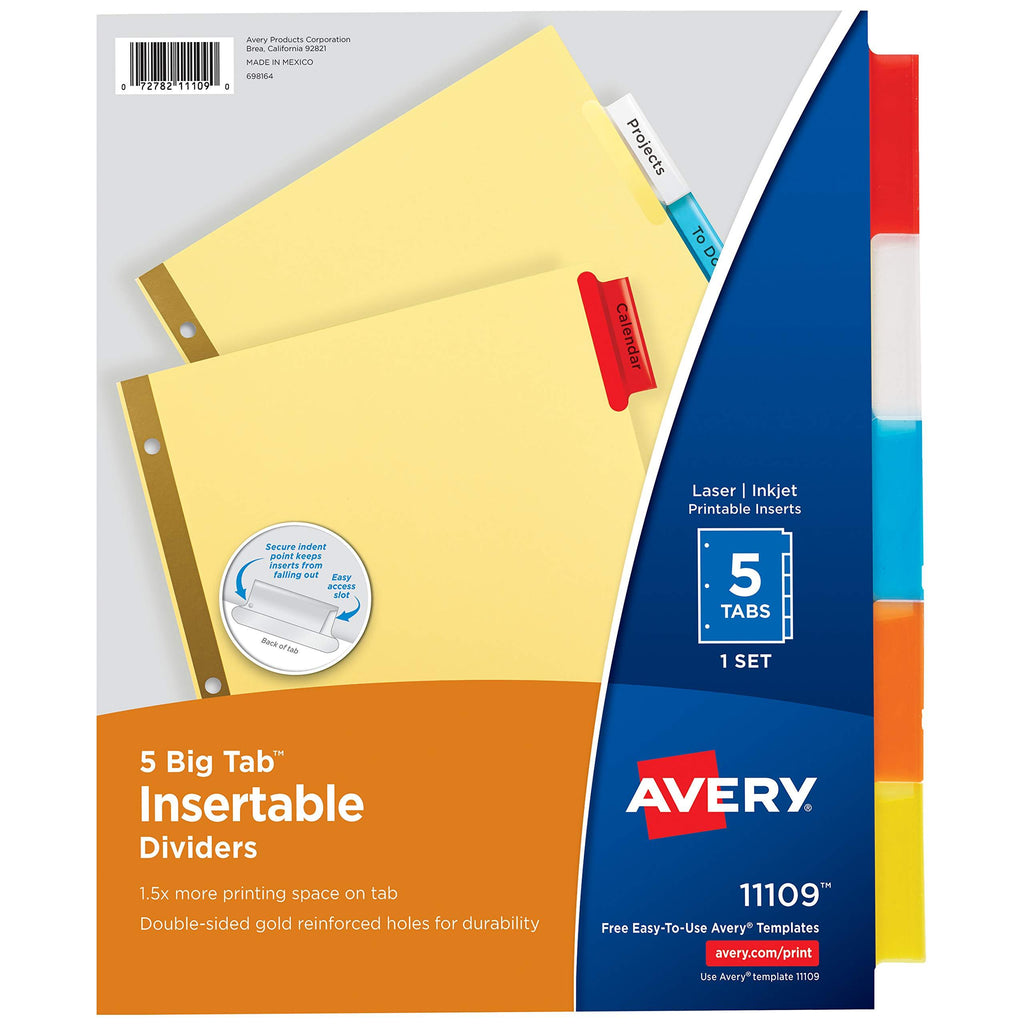 AVERY 5-Tab Binder Dividers, Insertable Multicolor Big Tabs, 1 Set (11109) 1-Pack