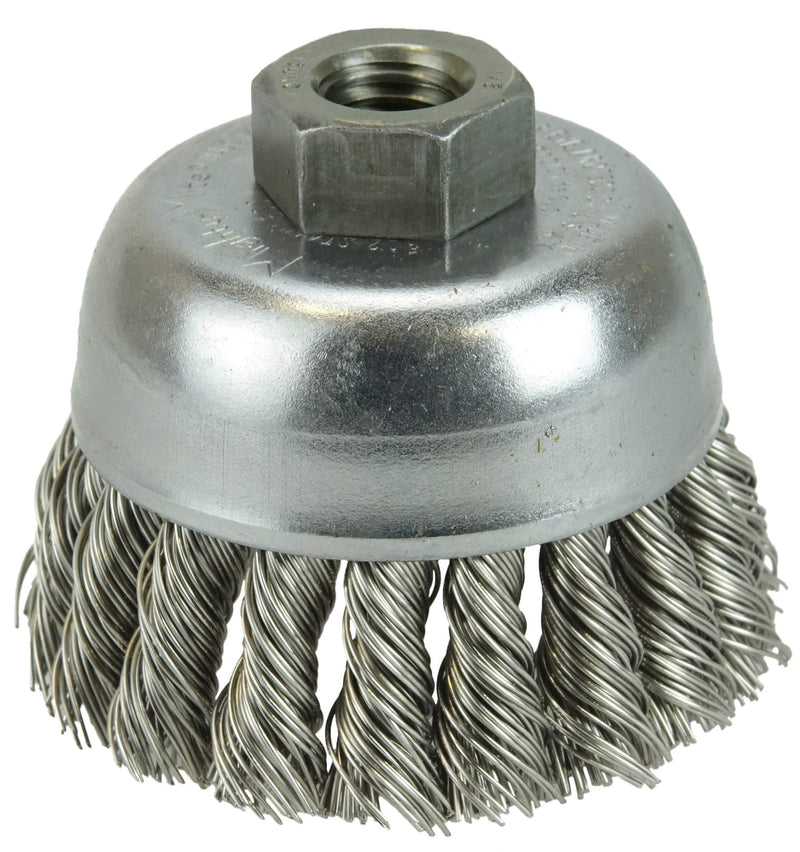 Weiler 13257 2-3/4" Single Row Knot Wire Cup Brush, 0.020" Stainless Steel Fill, 1/2"-13 UNC Nut, Made in The USA 2-3/4" Dia .020" Wire Size x 1" Trim Length