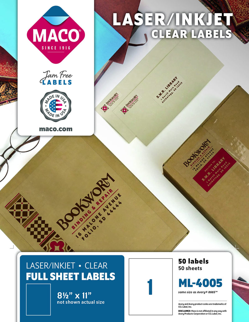 MACO Laser/Ink Jet Matte Clear Full Sheet Labels, 8-1/2 x 11 Inches, 1 Per Sheet, 50 Per Box (ML-4005)