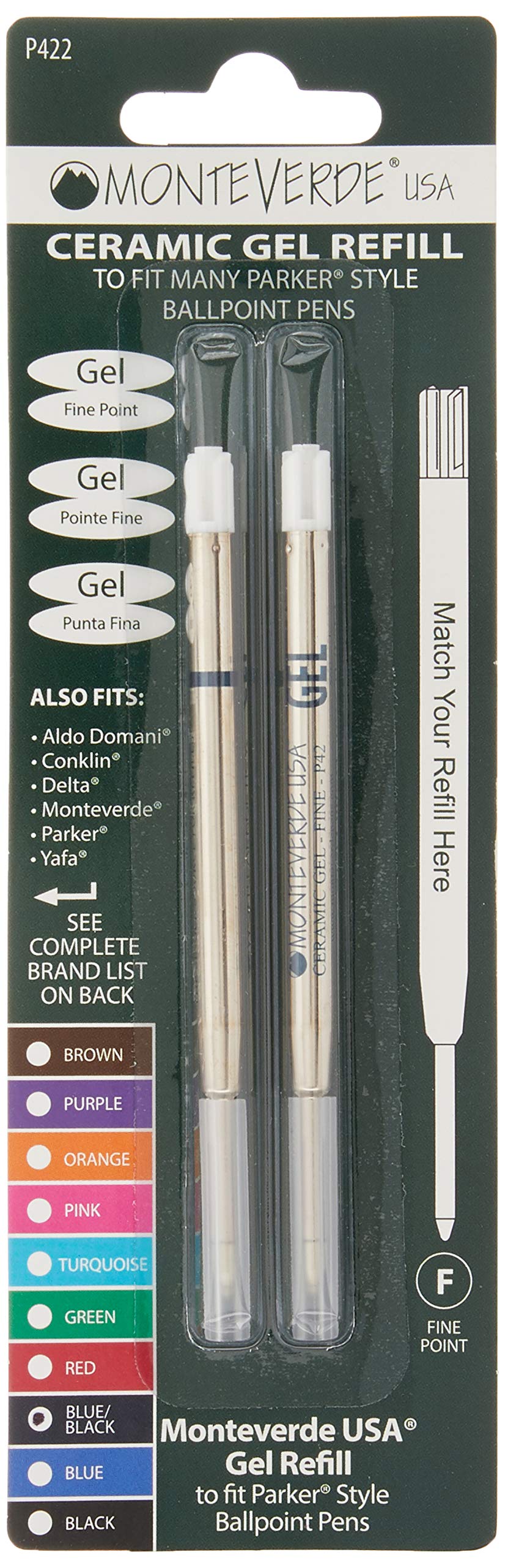 Monteverde Capless Gel Ballpoint Refill to Fit Parker Ballpoint Pens, Fine Point, Blue Black, 2 per Pack (P422BB) Blue and Black