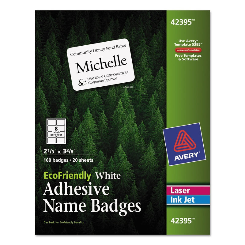 Avery EcoFriendly Name Badge Labels for Laser and Ink Jet Printers, 2.33 x 3.375 Inches, White, Permanent, Pack of 160 (42395)