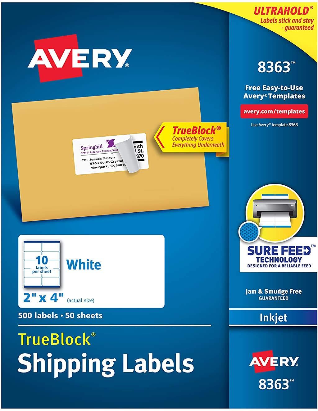 Avery Shipping Address Labels, Inkjet Printers, 500 Labels, 2x4 Labels, Permanent Adhesive, TrueBlock (8363) , White 1 Pack