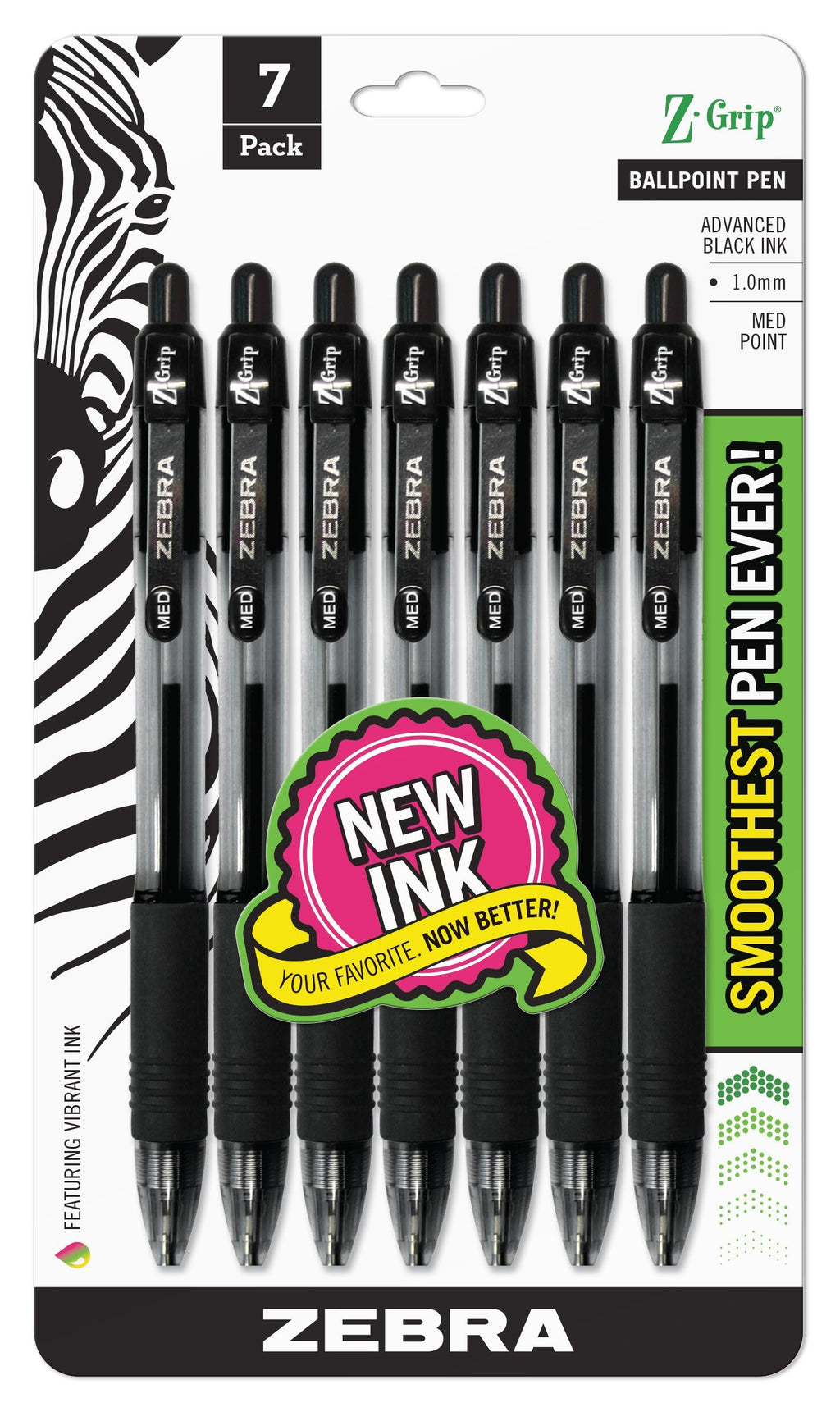 Zebra Pen Z-Grip Retractable Ballpoint Pen, Medium Point, 1.0mm, Black Ink, 7 Pack