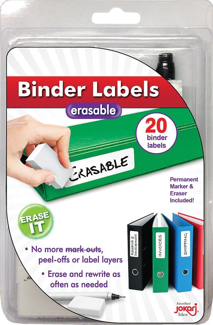 Jokari Erasable Reusable Office and School Binder Labels, 3.4 x 1 Inch. Kit Includes 20 Pack of Stickers with Fine-Tipped Permanent Marker and Eraser