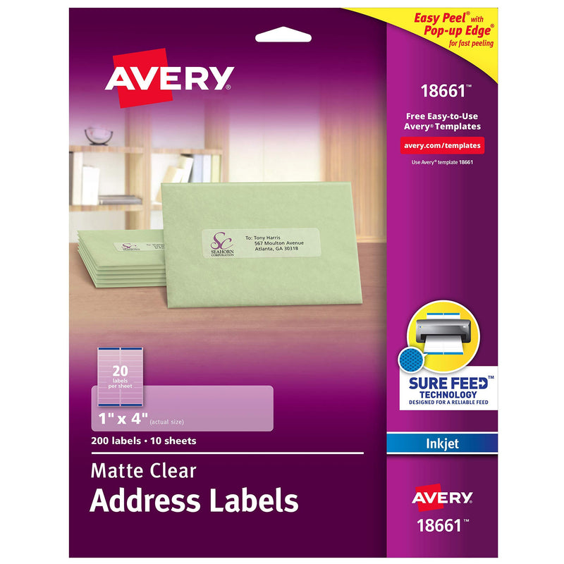 Avery Matte Frosted Clear Address Labels for Inkjet Printers, 1" x 4", 200 Labels (18661)