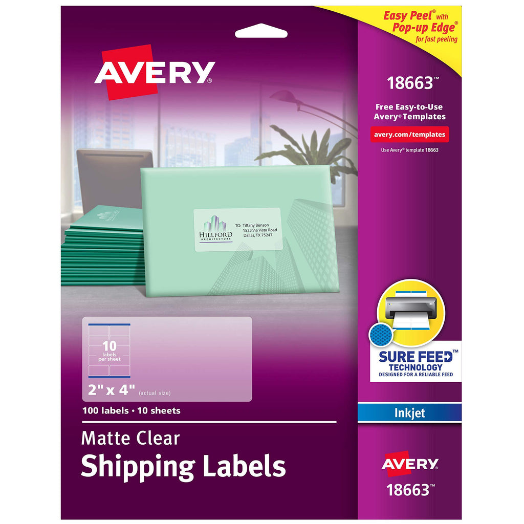 Avery Matte Clear Address Labels with a Frosted Finish for Inkjet Printers, 2" x 4", 100 Labels (18663)