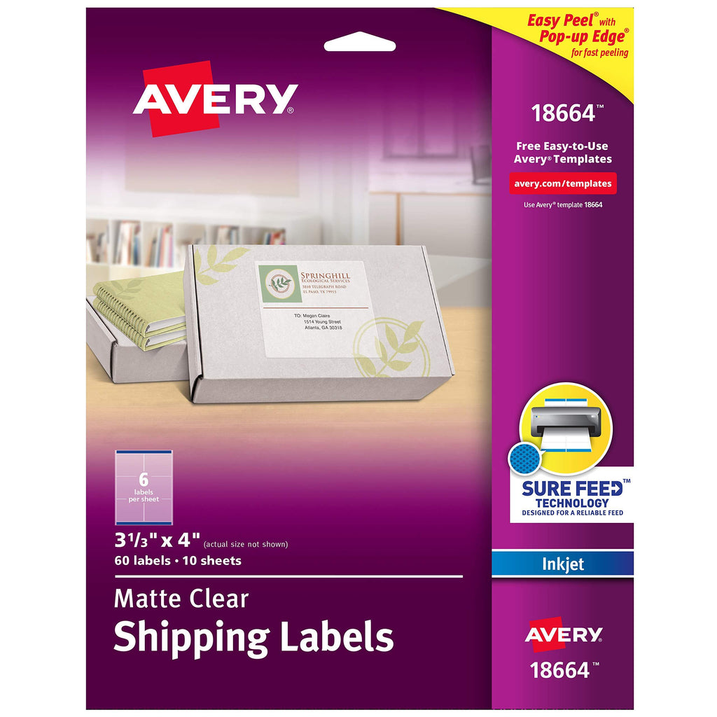 Avery Matte Frosted Clear Address Labels for Inkjet Printers, 3-1/3" x 4", 60 Labels (18664) 1 Pack