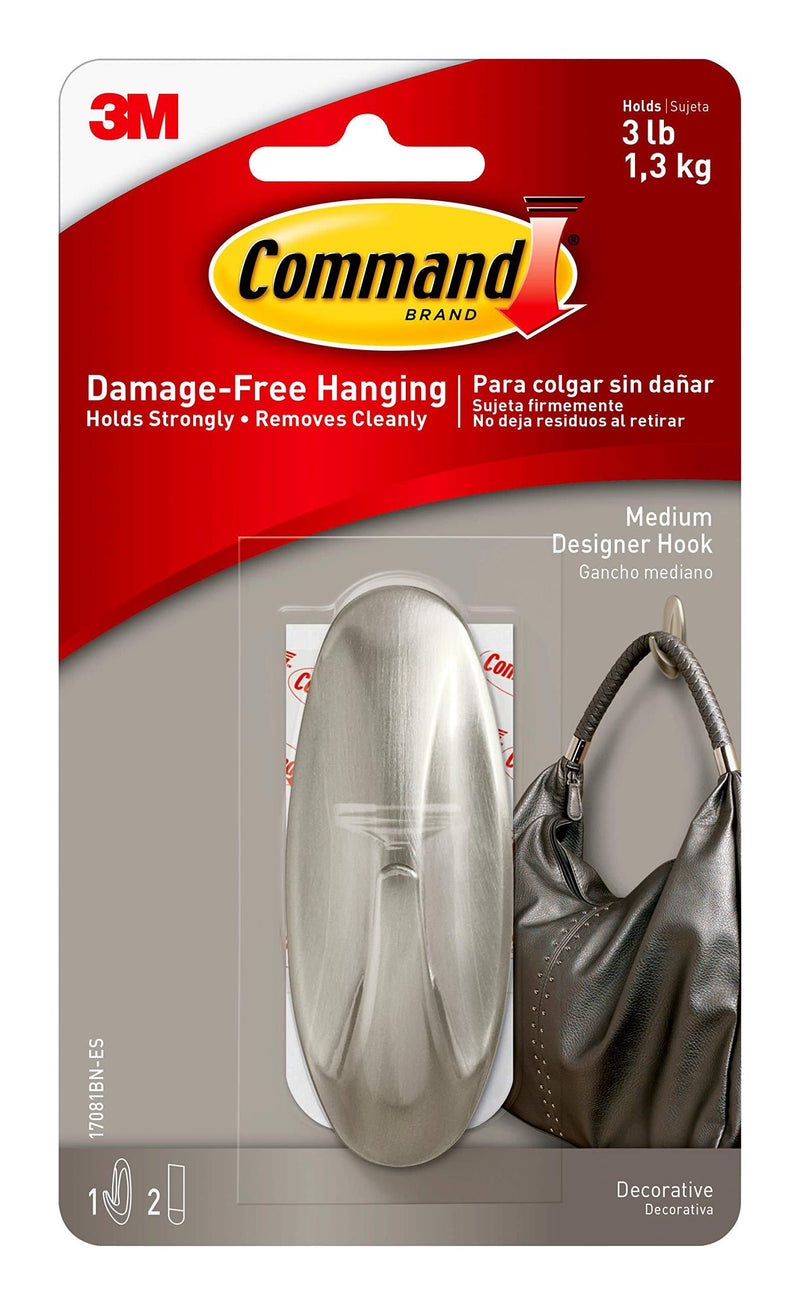 Command Medium Designer Hooks, Brushed Nickel, 1-Hook, 2-Strips, Decorate Damage-Free 1 Hook