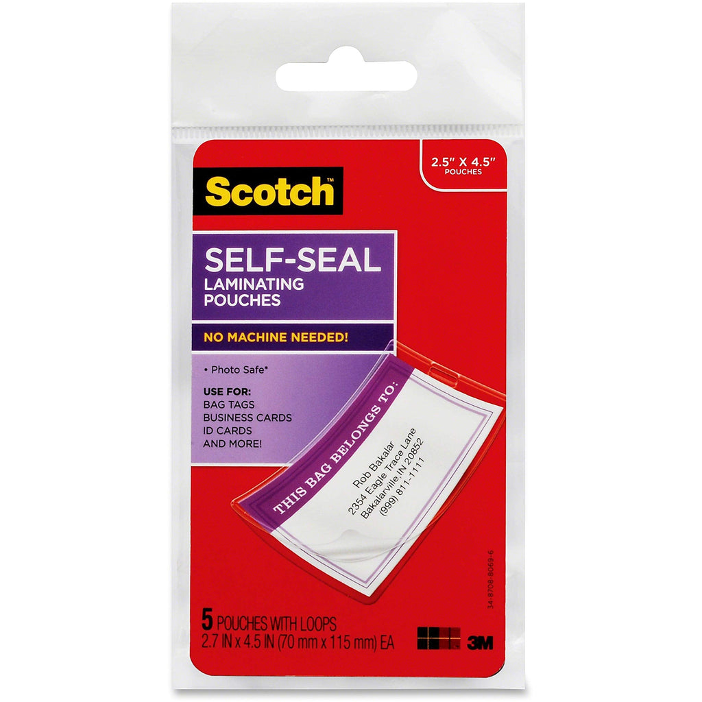 3M Scotch Self-Sealing Laminating Pouches, Bag Tags with Loops, Glossy, 5 Pouches (LS853-5G) - LS8535G