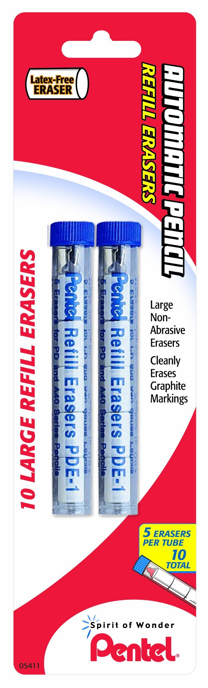 Pentel PDE1BP2 Refill Eraser for AL, AX and PD Pencil Series 5 pieces per Tube, (2x tubes) White 10 Pack