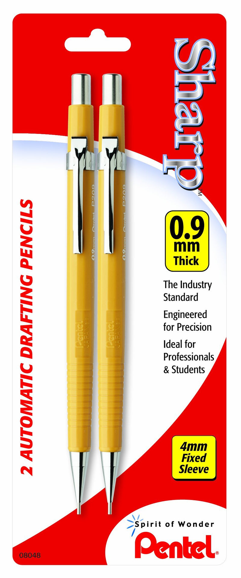 PENTEL Sharp Mechanical Drafting Pencil, 0.9 mm, Yellow Barrel, 2/Pack (P209BP2K6) 2 Pack