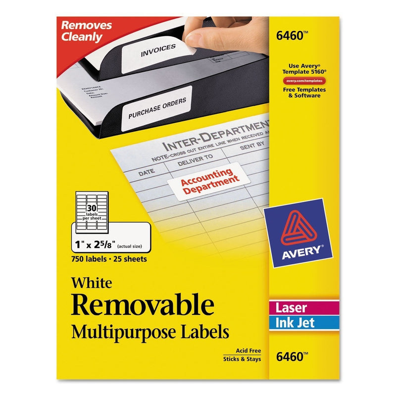 Avery 6460 Laser/Inkjet Labels,Removable,1-Inch x2-5/8-Inch, 750/PK,WE