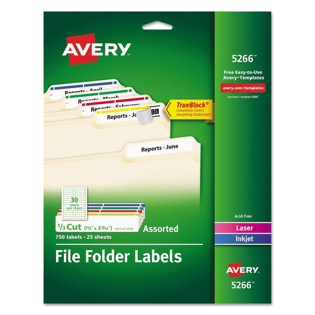 Avery 5266 Permanent Filing Labels, 1/3 Cut, 750/PK, RD/BE/GN/PE/YW