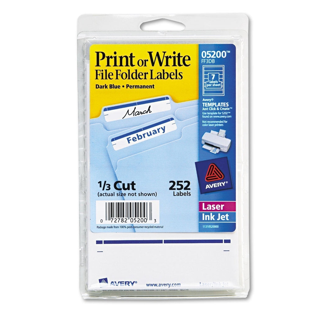 Avery 05200 Print or Write File Folder Labels, 1/3 Cut, Dk. Blue Bar, 252/PK