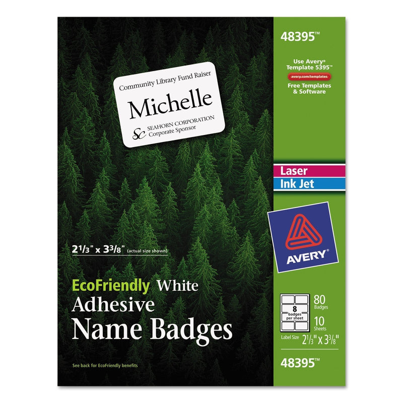 AVERY EcoFriendly Name Badge Labels for Laser and Ink Jet Printers, 2.333 x 3.375 Inches, White, Permanent, Pack of 80 (48395)