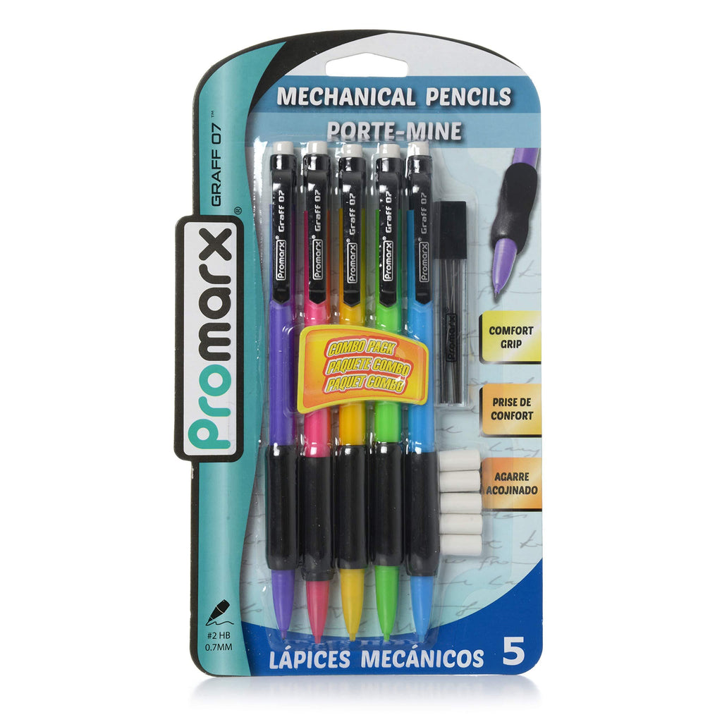 Promarx Graff 07 Mechanical Pencils with Comfort Grip, Extra Lead and Eraser Included, 0.7mm, Assorted Colors, 5 Count