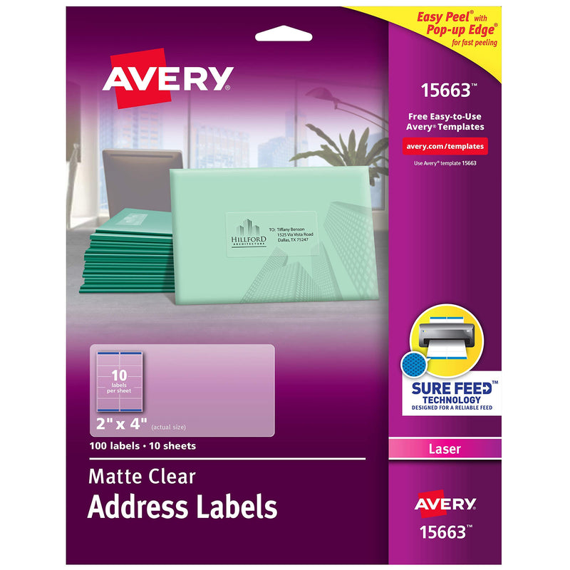 AVERY Matte Frosted Clear Address Labels for Laser Printers, 2" x 4", 100 Labels (15663)