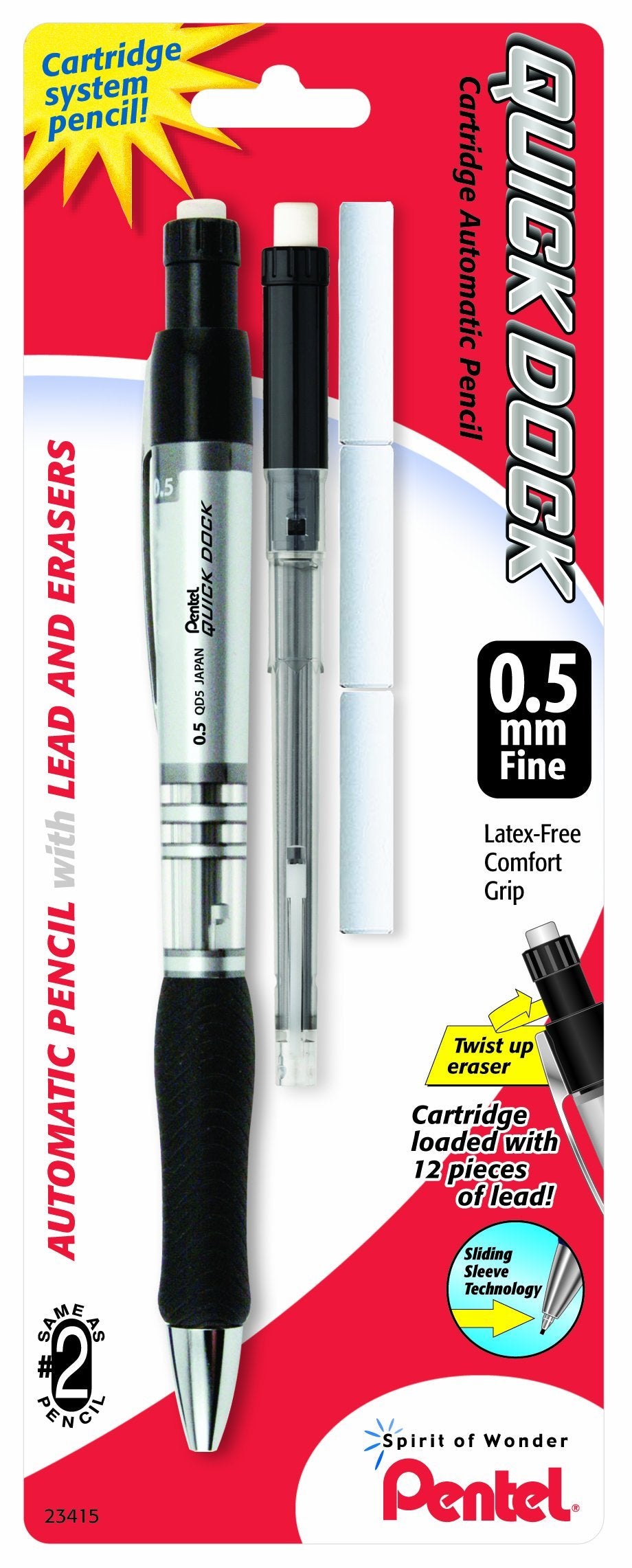 Pentel Quick Dock Automatic Pencil with Refill Cassette and 3 Erasers, 0.5mm, 1 Pack (QD5ELE3BP) 0.5 mm